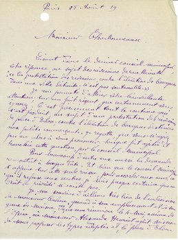 Lettre de madame veuve Paul Leclere interpellant le maire de Reims au sujet des autorisations des baraques rue Buirette, 28 août 1919 