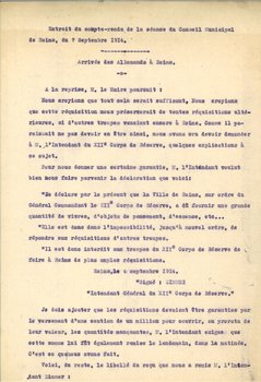 Extrait du compte-rendu de la séance du conseil municipal de Reims du 7 septembre 1914 attestant du paiement des réquisitions et de la caution 