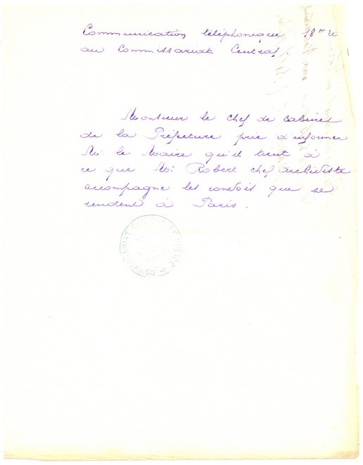 Note au Commissariat central informant le maire de la nomination de Gaston Robert pour le convoiement vers Paris