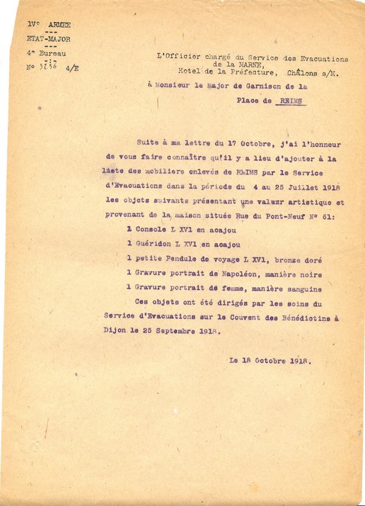 Lettre du service des évacuations au maire l’informant des objets à rajouter aux évacuations, 18 octobre 1918 