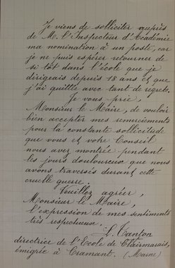 Lettre de la directrice de l’école de Clairmarais, émigrée à Cramant, au maire de Reims, 12 avril 1917 