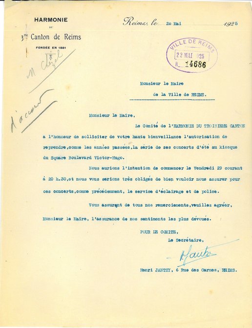 Courrier de l’Harmonie du 3e canton de Reims relatif à l’organisation de ses concerts d’été, 20 mai 1925 