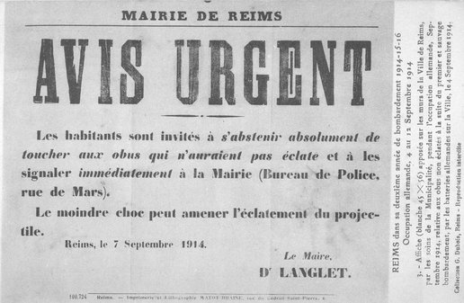 Reproduction de l’avis du maire de Reims priant les Rémois de ne pas toucher aux obus pour leur propre sécurité, 7 septembre 1914
