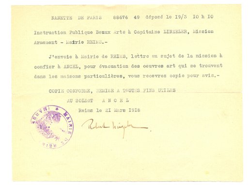 Information concernant la mission d’évacuation des œuvres d’art se trouvant chez les particuliers par M. Ancel, 21 mars 1918 