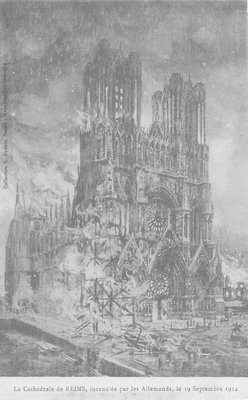 Carte postale, « Guerre Européenne 1914-1915. Le Crime de Reims. Rue Eugène Desteuque, bombardée et incendiée par les Allemands »