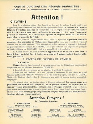 Attention ! tract du Comité d’action des Régions dévastées, 1924 