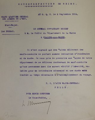 Réglementation de la délivrance de sauf-conduits par les maires, 2 septembre 1914