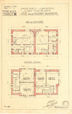 Plans coupe, sous-sol, rez-de-chaussée et premier étage des maisons type 2 chambres modèle 2 de la cité-jardin de la Maison Blanche, Herbé et Deffaux, 21-25 juillet 1924 