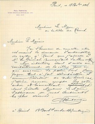 Lettre de Paul Fontaine dans laquelle il propose son aide pour le ravitaillement en vin de la ville, 13 novembre 1918 
