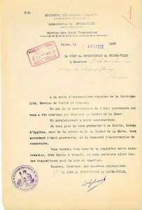 Consignes sur la procédure à suivre pour toute demande de construction d’un baraquement, transmises à Léon Detourbe par le chef de subdivision de Reims-Centre du service des abris provisoires du ministère des Régions libérées, 8 août 1922 
