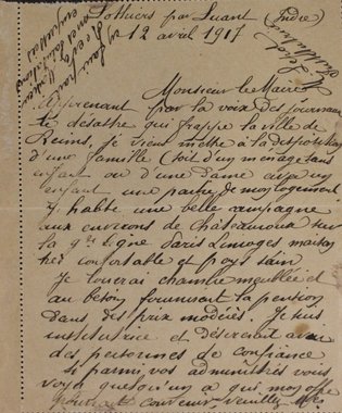 Lettre proposant l’accueil d’une famille dans une commune de l’Indre, 12 avril 1917