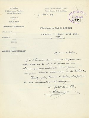 Courrier d’Henri Deneux relatif à un don anonyme pour la reconstruction de la cathédrale de Reims, avril 1924 