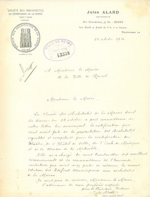Courrier de la Société des architectes de la Marne relatif à leur compétence pour la reconstruction des bâtiments communaux, 25 octobre 1920 