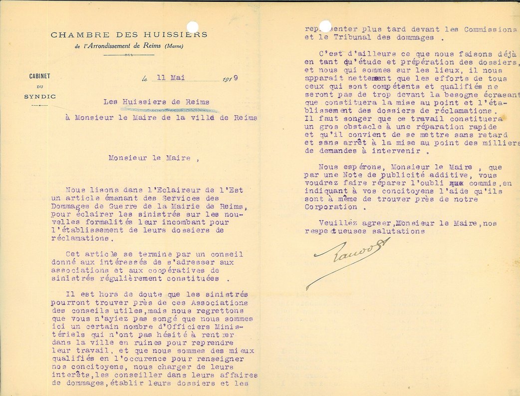 Courrier des huissiers de Reims relatif à l’établissement des dossiers de dommages de guerre, 11 mai 1919 