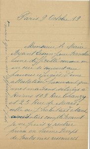 Lettre de monsieur Harder demandant au maire une attestation prouvant que ses maisons rues Chanzy et de Mars ont été détruites et qu’il est donc sans logement et sans ressource, 9 octobre 1919 