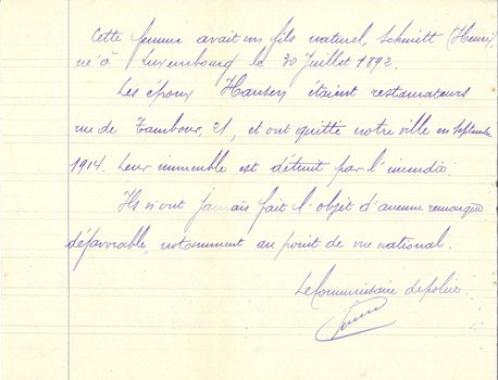 Note du commissaire de police concernant les origines luxembourgeoises du couple Hansen, restaurateurs rue du Tambour, partis de Reims en 1914 et souhaitant revenir, 29 janvier 1919 