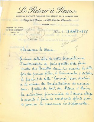 Courrier du Retour à Reims relatif à l’organisation d’une quête au profit de son œuvre, 18 août 1925 