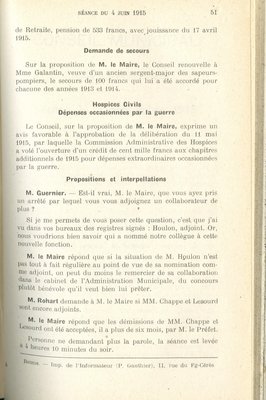 Interpellations faites lors de la séance du conseil municipal du 4 juin 1915 contre la nomination irrégulière de Monsieur Houlon comme adjoint au Conseil et les démissions de Messieurs Chappe et Lesourd ont été acceptées par le préfet 