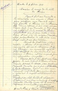 Lettre du 4 février 1919 de monsieur Cornelusse adressée au maire au sujet de ses démarches pour revenir à Reims et la nécessité d’obtenir au préalable un certificat de la mairie de Reims