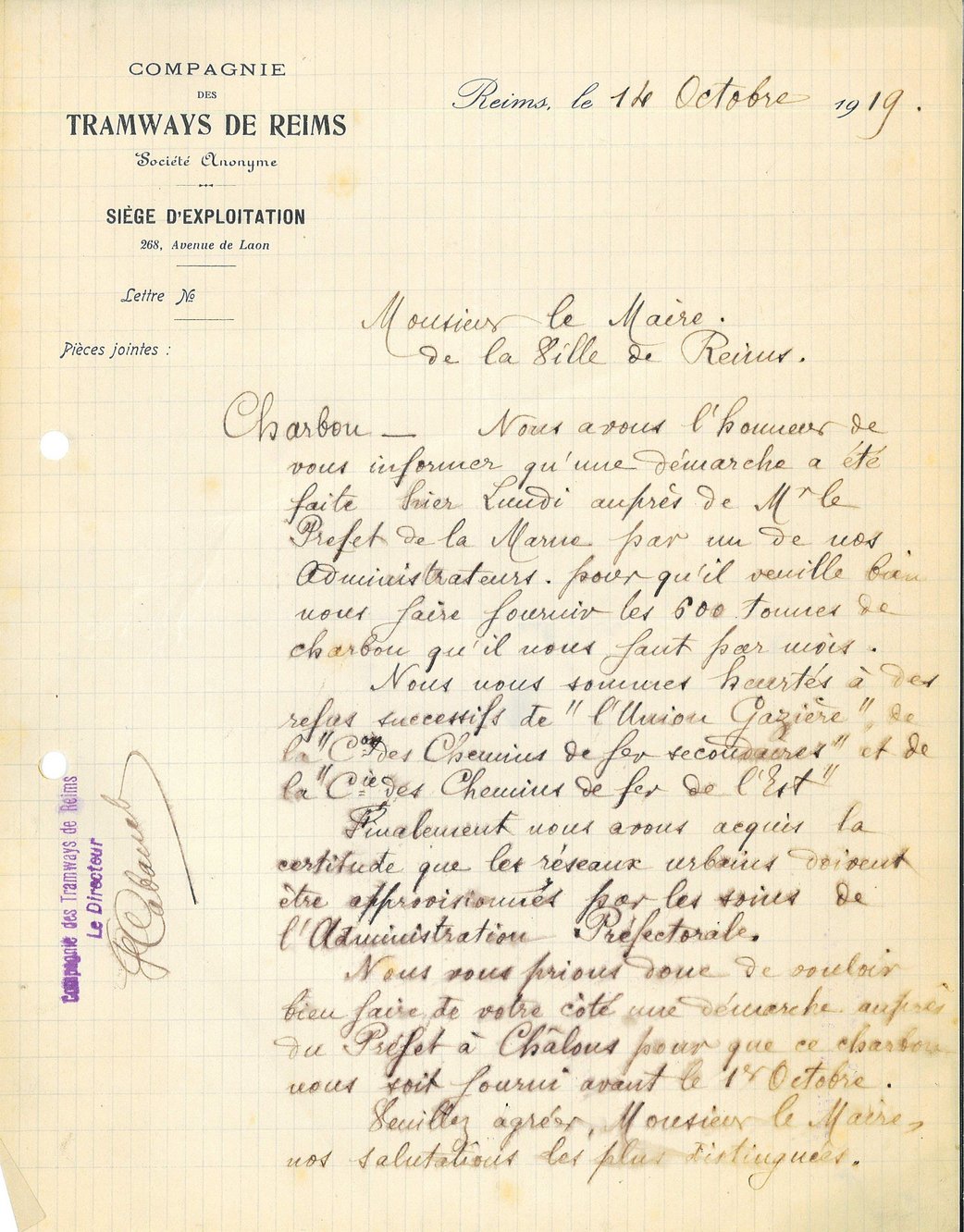 Lettre de la Compagnie des tramways de Reims informant le maire des démarches faites auprès du préfet de la Marne pour une livraison de charbon, 14 octobre 1919 