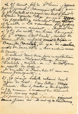 Extrait du premier carnet de César Manteau sur le départ des habitants vers Reims, 25 août 1914 