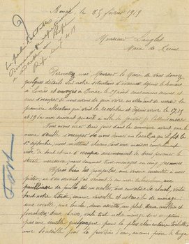 Lettre de madame Fort adressée au maire pour l’informer sur sa situation actuelle de réfugiée et ses conditions de vie difficiles dans la commune de Bénas avec sa mère, 25 février 1919 