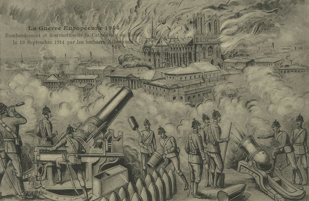 Carte postale, « La Guerre européenne 1914. Bombardement et destruction de la cathédrale de Reims le 19 septembre 1914 par les barbares Allemands. » 