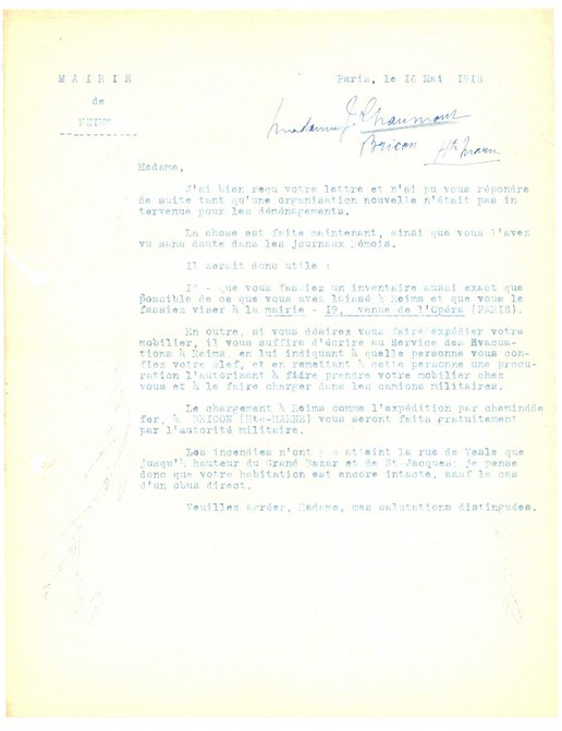 Lettre du maire à une habitante de la rue de Vesle concernant les modalités d’évacuation de ses biens vers sa nouvelle adresse, 16 mai 1918 