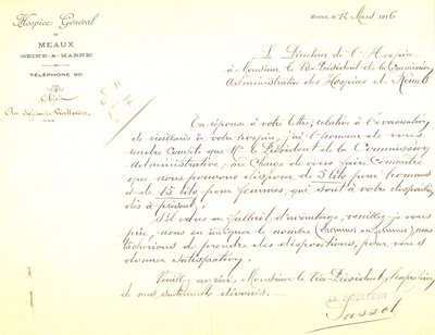 Courrier de l’Hospice général de Meaux pour l’accueil de 20 vieillards, 10 avril 1916 