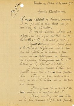 Lettre de Léon Baudrillart réfugié dans une situation difficile à Chalon-sur-Saône adressée au maire lui demandant d’intercéder en sa faveur pour obtenir un laissez-passer pour pouvoir rentrer à Reims, 24 octobre 1918 