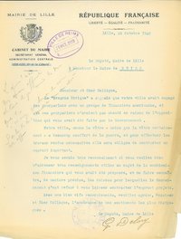 Courrier du maire de Lille relatif au financement américain, 23 octobre 1920 