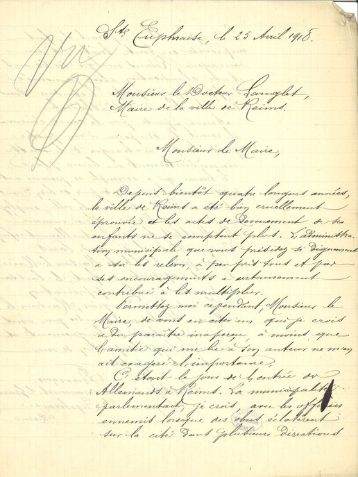 Courrier adressé au maire de Reims relatant le courage d’un employé lors de l’entrée des Allemands dans la ville, 25 avril 1918 