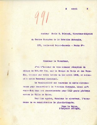 Courrier de remerciement adressé à la Dotation Carnegie, 5 avril 1926 
