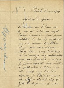 Lettre de Louis Morizet adressée à au maire concernant l’expédition de son mobilier de Paris à Reims, 16 mars 1919 