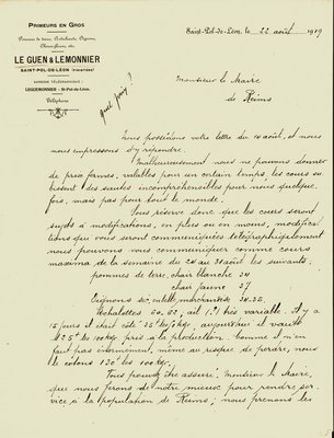 Lettre de la société Le Guen et Lemonnier de Saint-Paul de Léon informant le maire qu’ils ne peuvent donner de prix fermes pour le ravitaillement en légumes à cause des variations du cours des prix, 22 août 1919 