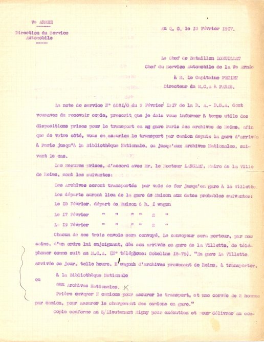 Lettre du chef du service automobile de la Ve Armée relative au transport du patrimoine écrit aux Archives nationales, 13 février 1917 