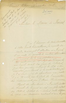 Lettre de H. Delcroix, réfugié de Reims à Tours, adressée au maire pour demander un poste de gérante de cantine alimentaire pour ouvriers de la reconstitution, 11 décembre 1918 