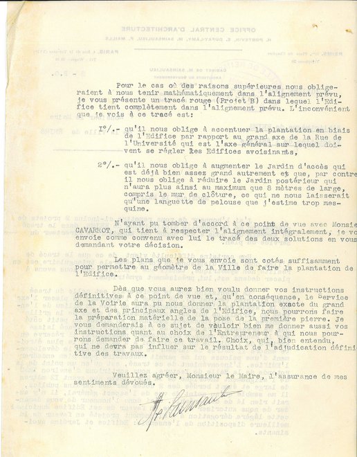 Courrier de l’architecte Max Sainsaulieu relatif aux difficultés causées par le plan d’alignement de la ville pour le tracé de la bibliothèque, 5 juillet 1921 