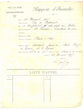 Rapport d’incendie dressé à la suite d’une chute d’obus rue de Neufchâtel, 23 novembre 1917 