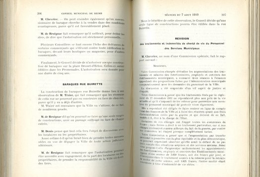 Délibération sur les baraques rue Buirette. Débat sur la construction de baraquements rue Buirette car les riverains ne pourront pas en construire en face de chez eux, car il y en a déjà, 7 août 1919 