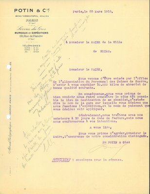 Lettre de la société Raffinerie A. Sommier annonçant au maire leur attribution par le bureau régional de Paris chargé du ravitaillement de la Marne de l’autorisation de livrer 20 000 kilos de sucre raffiné, 25 janvier 1919 