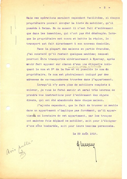 Lettre du service des évacuations au maire concernant le sauvetage des biens des bombardements et des pillages, 22 août 1918 