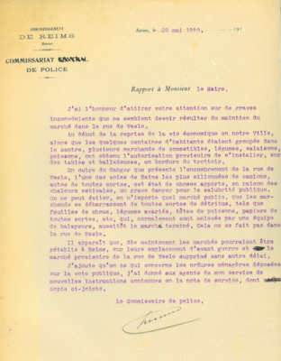 Note du commissariat de police relatif au défaut d’hygiène du marché provisoire de la rue de Vesle, 20 mai 1919 