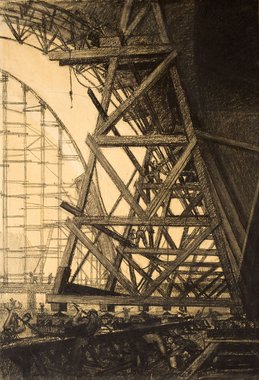 Vues intérieures du chantier de construction des halles de Reims, dessin au fusain de l’architecte Emile Maigrot, 1927-1929 