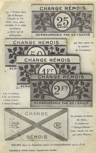 Carte postale reproduisant des tickets de change rémois, 1914-1916 