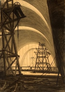 Vues intérieures du chantier de construction des halles de Reims, dessin au fusain de l’architecte Emile Maigrot, 1927-1929 