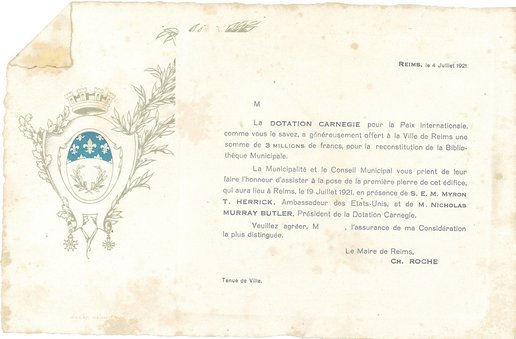 Invitation à la pose de la première pierre de la bibliothèque, 4 juillet 1921 