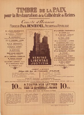 Affiche prônant l'achat du timbre de la paix pour la restauration de la cathédrale de Reims à l’instigation du Danemark, 1920 