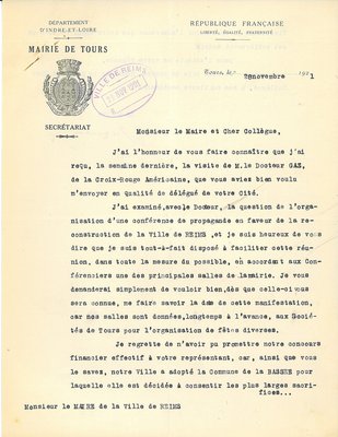 Courrier du maire de Tours relatif au don pour la construction de maisons ouvrières, 28 novembre 1921 