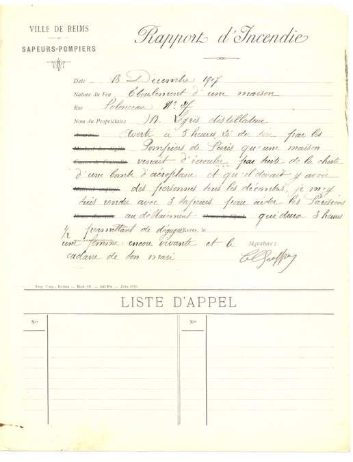 Rapport d’incendie des sapeurs-pompiers, 18 décembre 1917 